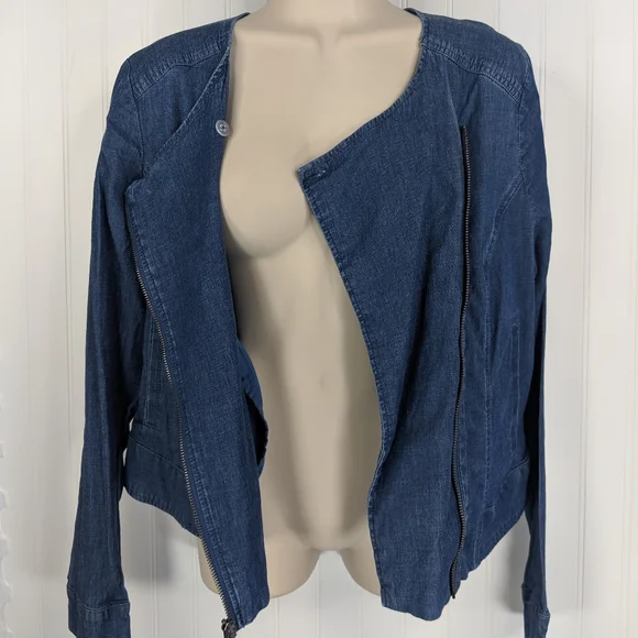 H by HALSTON Stretch Lyocell Denim Moto Jacket 10 - Picture 4 of 8
